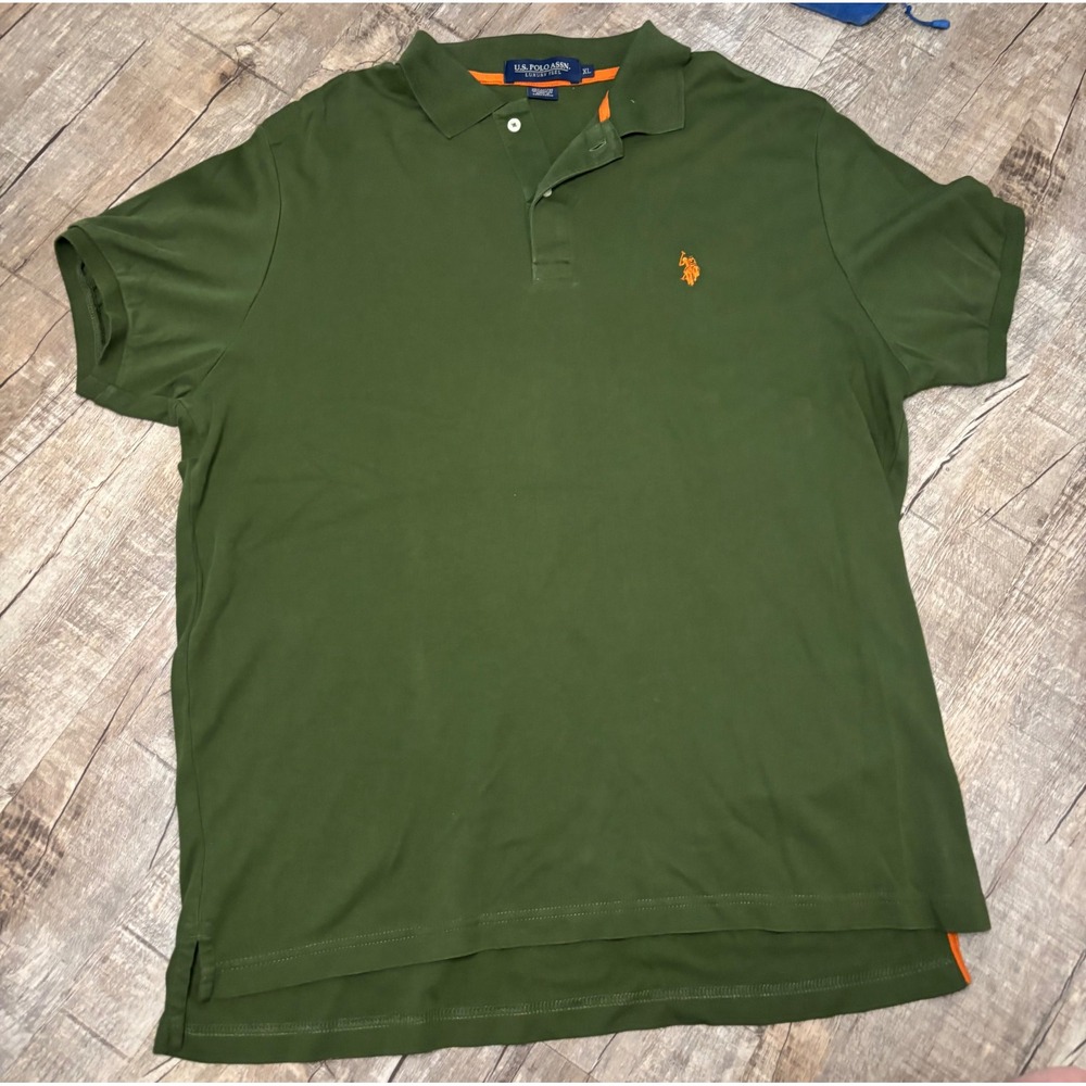US Polo Assn Mens XL Luxury Feel Olive Green Short Sleeve Polo Shirt Orange Logo